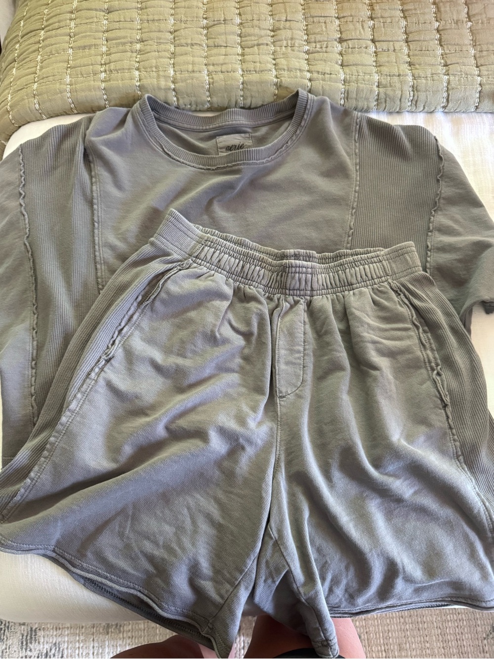 aerie Sage Green Cozy Sweatshirt & Shorts Set